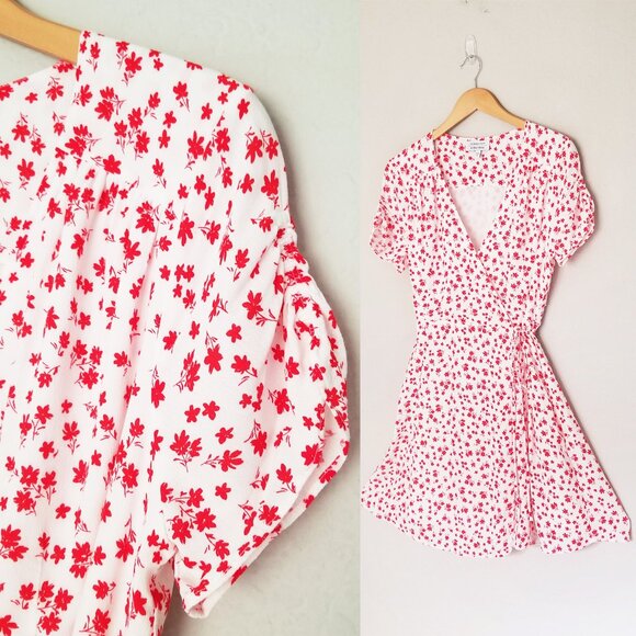 & Other Stories White Red Ditsy Floral True Wrap Mini Dress 6 Short Sleeves Boho - Picture 9 of 16